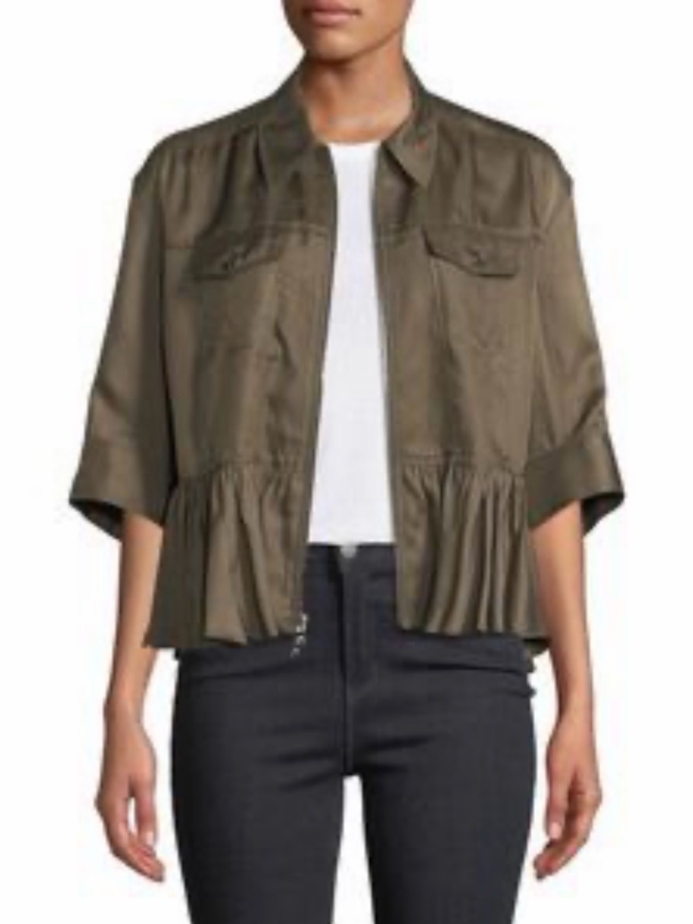 Cinq a Sept Women's Medium Olive Green Cupro Zip Front Short Jacket 3/4 Sleeve - Picture 13 of 13